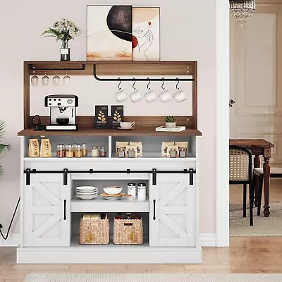 47  Farmhouse Coffee Bar Cabinet With Goblet Holder 5 Hooks And Power Outlets K • $348.88