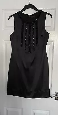 Miss Selfridge Black Satin Sparkly Beaded Dress Size 10 Fit Approx Size 8/10 • £9.80