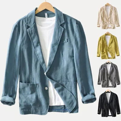 Mens Long Sleeve Cotton Linen Lapel Blazer Jacket Button Cardigan Shirts Coats • $30.08