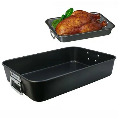 Large Deep Non Stick Roasting Baking Tray Oven Pan Dish Meat Turkey Tin Handles  • £14.95