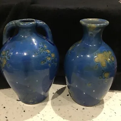 Two Unusual Vintage  Blue Crackle/ Crystalline   Glazed Stoneware Pottery Vases • £20