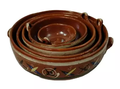 Mexican Pottery 5 Piece Set Red Clay Nesting Bowl Handle Serving Mixing Vintage • $124.95