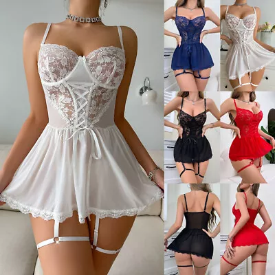 Dress G-strings Lingerie Set Underwear Womens Sexy Lace Nightwear Lace Suspender • £14.39