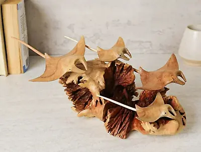 Manta Ray Family Sculpture Coral Reef Art  Parasite Wood Statue Gift For Her • $199.90