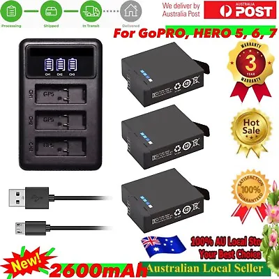 3x 2600mAh Battery +Triple Charger For GoPro Hero5 Hero 6 Hero 7 Black AHDBT-501 • $56.10