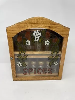 Vtg Spice Cabinet Rack Wooden Strawberry Painted Glass Door 12 Jars Retro • $70