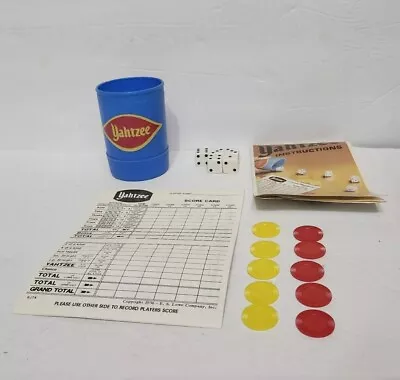 MILTON BRADLEY Lowe Vintage Yahtzee 1975 Game  Dice Cup Scorecard Yellow Chips • $6.29