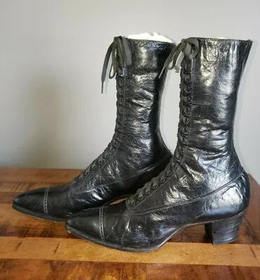 Antique Victorian Edwardian Black Leather Lace Up Boots • $125