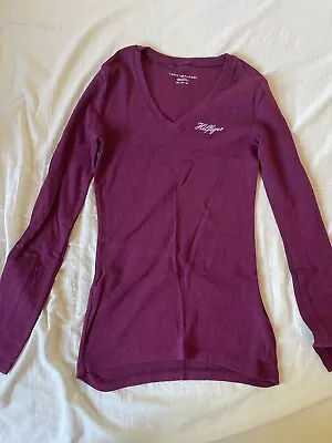 Tommy Hilfiger Womens V Neck Shirt Long Sleeve Size X-Small Maroon White AUTH • $26