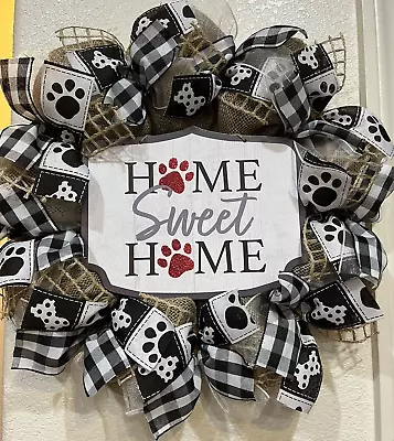 FARMHOUSE DOG HOME 🐶🦴 Welcome Wreath RUSTIC BURLAP Deco Mesh 22  X 22  CUTE! • $68.95