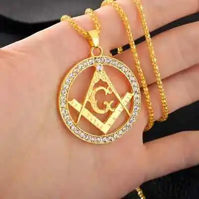 Masonic Necklace Pendant Mens Gold PLT. Freemason Stainless Pendant 24  Chain • $11.95