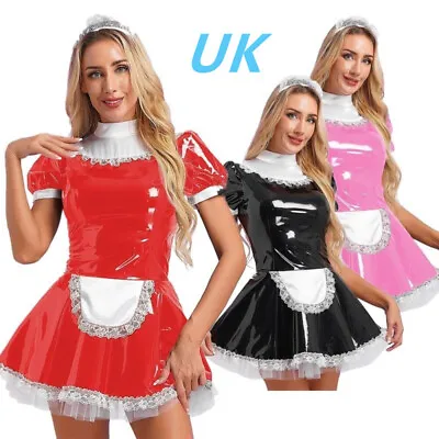 UK Women's French Maid Cosplay Costume Wet Look PVC Leather Dress With Headband • £8.99