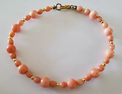 Vintage 7 3/4  Genuine Coral Bead & Gold Filled Bracelet • $48.95