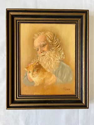 Vtg Original Oil Painting Friends Old Man And His Cat Signed ED Peskor Framed • $99