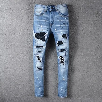 Men's Punk Retro Ripped Slim Pleated Denim Jeans Black Riveted Patch Blue Pants • $59.17