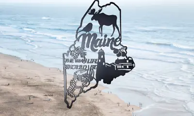 State Of Maine Custom Sign - Metal Wall Art Lighthouse Lobster Blueberries Moose • $50