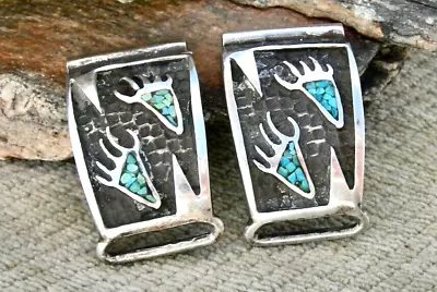 Vint NAVAJO  STERLING SILVER & TURQUOISE INLAY  BEAR TRACKS  WATCH TIP SET GREAT • $109.95