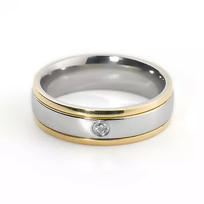 New Titanium Mens Ladies Unisex Wedding Engagement Gold Bands Zirconia Ring 6mm • £17.95