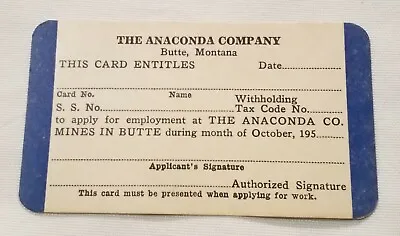 1950s The Anaconda Co Butte Montana Employee Apply Card Vintage Mining Ephemera  • $17.95