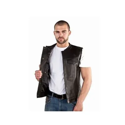 Men's Black Leather SOA Vest Motorcycle Concealed Club 1/2  Collar Waistcoat • $89.99