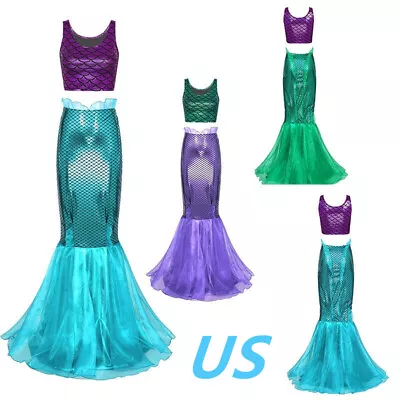 US Womens Mermaid Princess Costume Fish Scale Print Tops Fish Tail Skirt Outfit • $27.49