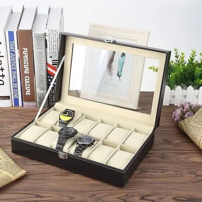 12Slot Watch Box Leather Display Case Organizer Top Glass StorageUltra Practical • $17.04