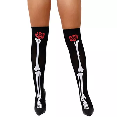 Ladies Day Of The Dead Stockings Red Rose Bone Halloween Fancy Dress Costume • £3.99