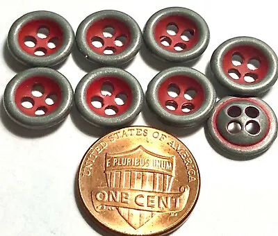 8 Small Gray Tone Metal 4-hole Sew-through Red Paint Buttons 11mm 7/16  11765 • $5.29