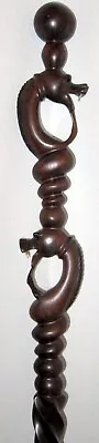 VINTAGE 38  HAND CARVED DRAGON HEAD WOODEN WALKING STICK CANE EBONY Double Head • $79.99