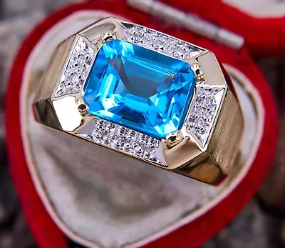 925 Sterling Silver Mens Emerald Cut Swiss Blue Topaz Gemstone Ring Gold Plated • $119.99