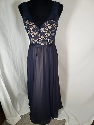 Morilee Madeline Gardner Navy Lace Nude Under Sleeveless Floor Length Dress Sz 8 • $80