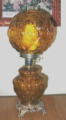 Vintage Amber Glass Bubble Pattern Parlor Boudoir Hurricane GWTW Lamp • $95
