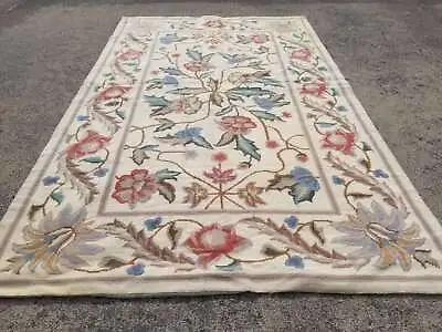 Vintage French Needle Point Handmade Floral Beige Wool Rug Carpet 144x90cm • £250