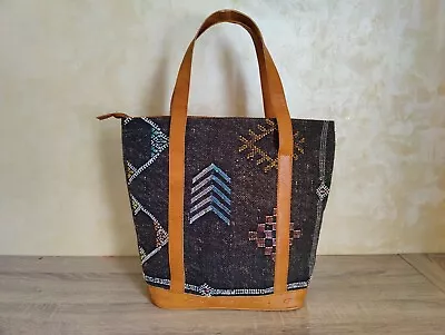 Moroccan Handmade Cactus Silk Sabra And Leather Washed Black Tote Boho Bag • $130