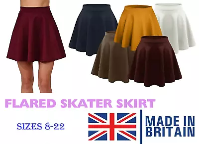 Women's Skater Skirt Plus Size Flared Plain Elastic Waist Ladies Short Size 8-22 • £9.99