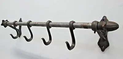 Vintage Utensil -CAST IRON RUSTIC  KITCHEN UTILITY RAIL RACK HOLDER WITH S HOOKS • £28.99