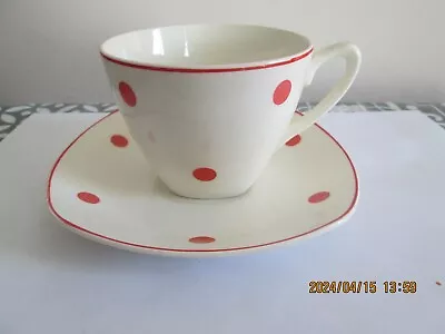 Vintage MIDWINTER Fashion Shape Tea Cup & Saucer Red Polka Dot Domino • £5.99