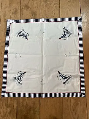 Ivory And Blue Nautical Tablecloth 33” Square Embroidery Boats SO CUTE • £4