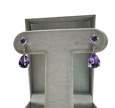 Vintage 10k White Gold Purple Amethyst Diamond Dangle Drop Earrings 2.3g Zales • $120