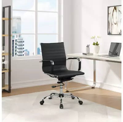 Office Desk Chair Mid-Back PU Leather Executive Conference Ribbed Swivel Chair • $134.97