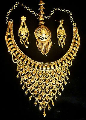 Indian 22k Gold Plated Traditional Weeding Fashion Necklace Earrings Tikka Set H • $25.60