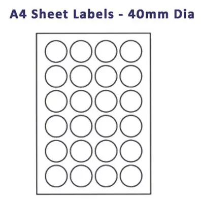 40mm Round Labels 24 Matt White Paper Stickers A4 Sheets Laser & Inkjet Printer • £3.99
