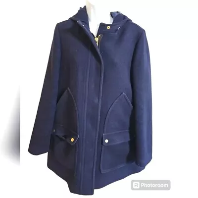 J. Crew Women Size 12 Navy Blue Heavy Wool Button Down Hoodied 4 Pocket Pea Coat • $100