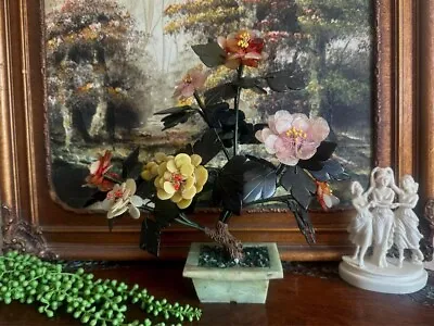 Vintage Midcentury Chinese Carved Jade And Agate Bonsai Flowering Tree Sculpture • $150