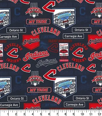 MLB CLEVELAND INDIANS STADIUM MY TRIBE RED BLUE 100% Cotton Fabric Material BTHY • $5.99