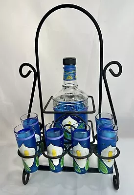 VNTG Mexican TEQUILA DECANTER 6 Calla Lily Shot Glass Set Metal Rack Hand Paint • $41.99