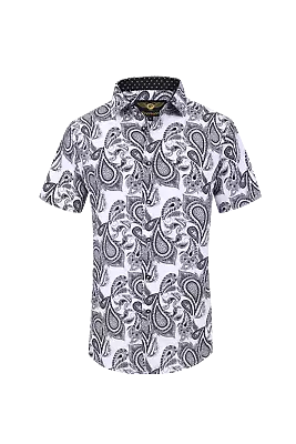 Men PREMIERE Casual Short Sleeve Button Down Dress Shirt White Black PAISLEY 651 • $35.95