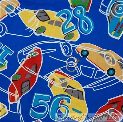 BonEful Fabric FQ Cotton Quilt Blue Red White Yellow L Boy Race Car Number Sport • $3.50