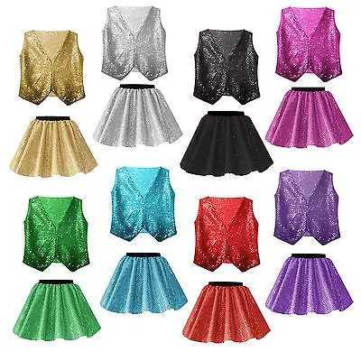 BOYS GIRLS Waistcoat Skirt Costume SEQUIN Sparkle JAZZ TAP SEQUIN Festival SHOW • £8.99