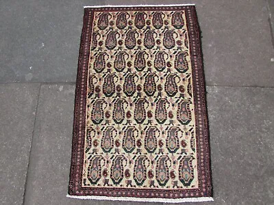 Vintage Hand Made Traditional Rug Oriental Wool White Blue Small Rug 98x63cm • £65